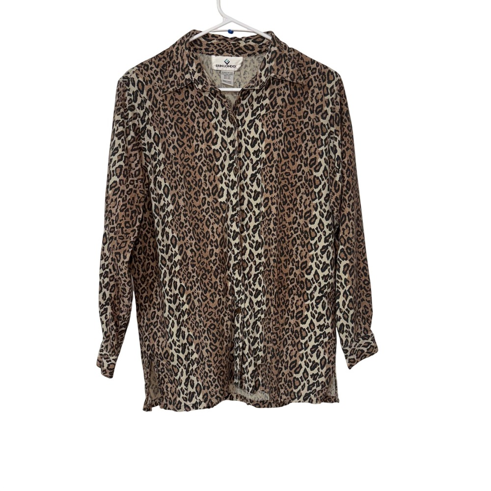 90s Erin London 100% Silk‎ Leopard Print Button Down Shirt Womens S brown chic